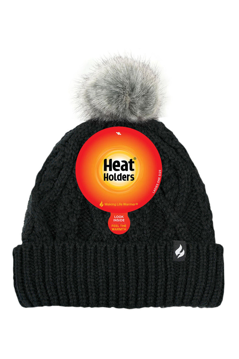 Heat Holders Women's Brina Solid Cable Knit Roll Up Thermal Hat with Pom-Pom Black - Packaging