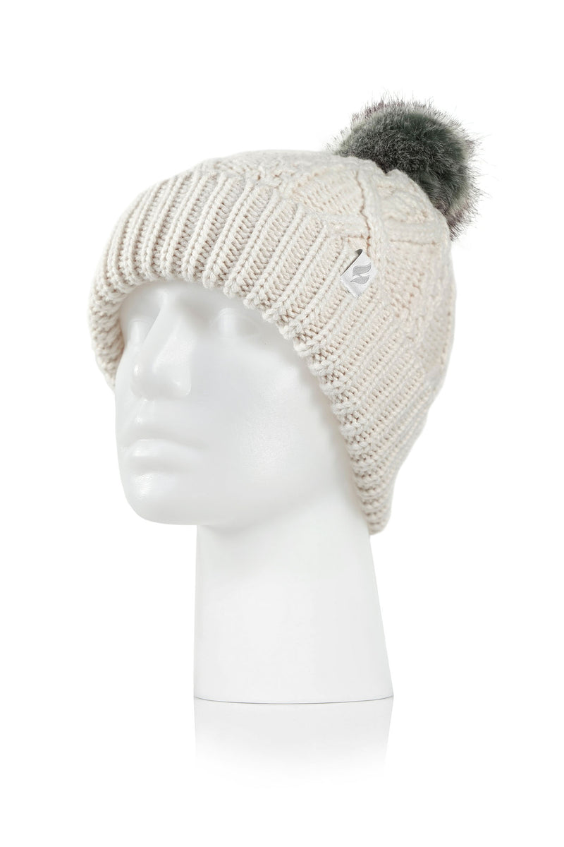 Heat Holders Women's Brina Solid Cable Knit Roll Up Thermal Hat with Pom-Pom Buttercream