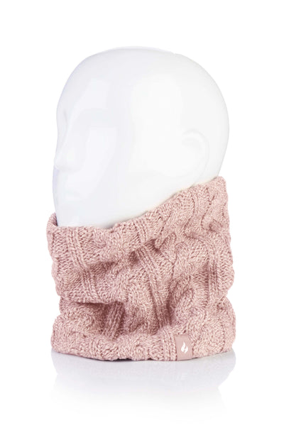 Heat Holders Women's Neck Warmer in dusty pink color, displaying the product with a cable knit design.