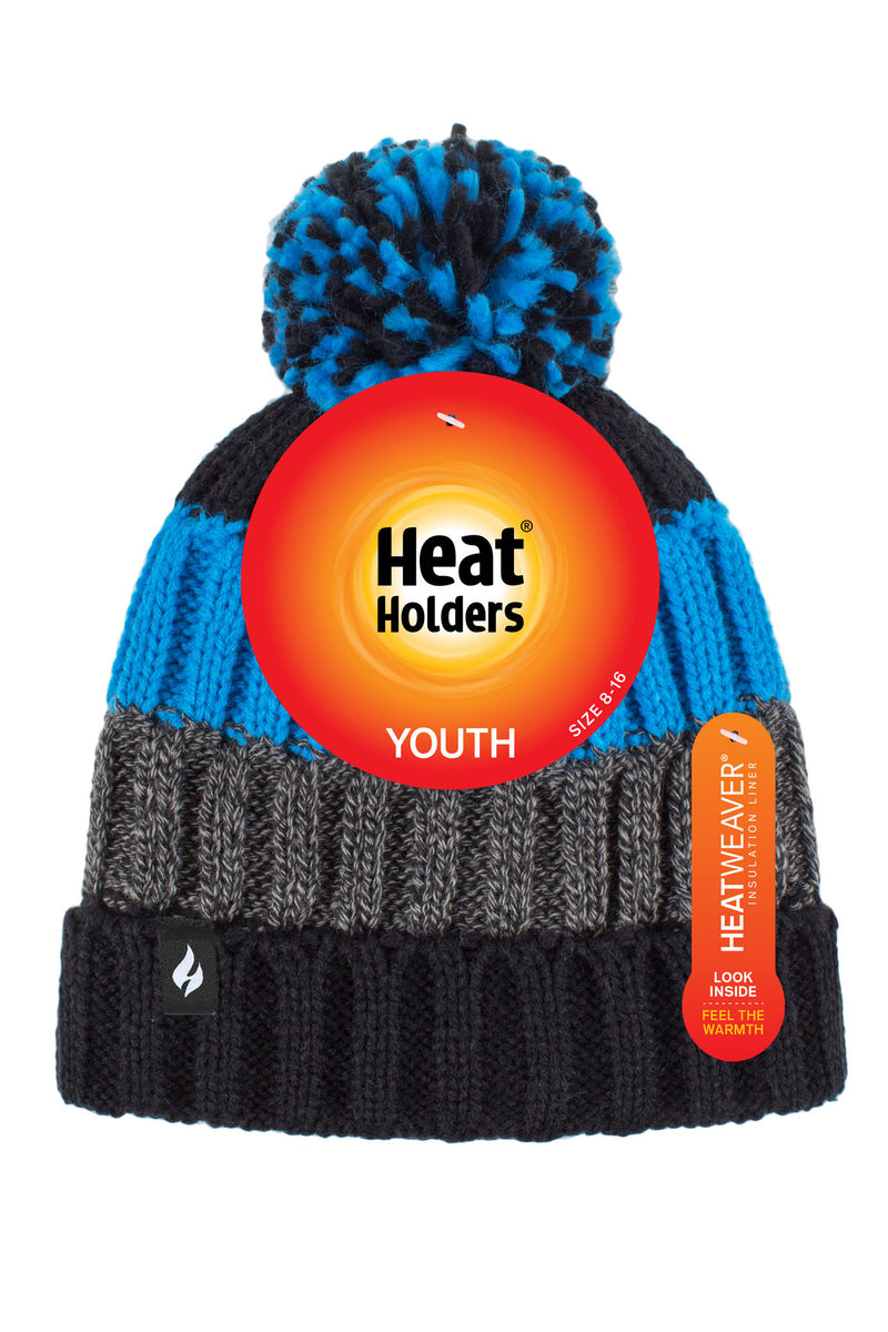 Heat Holders Kids Transverse Thermal Hat Black/Charcoal/Blue - Packaging