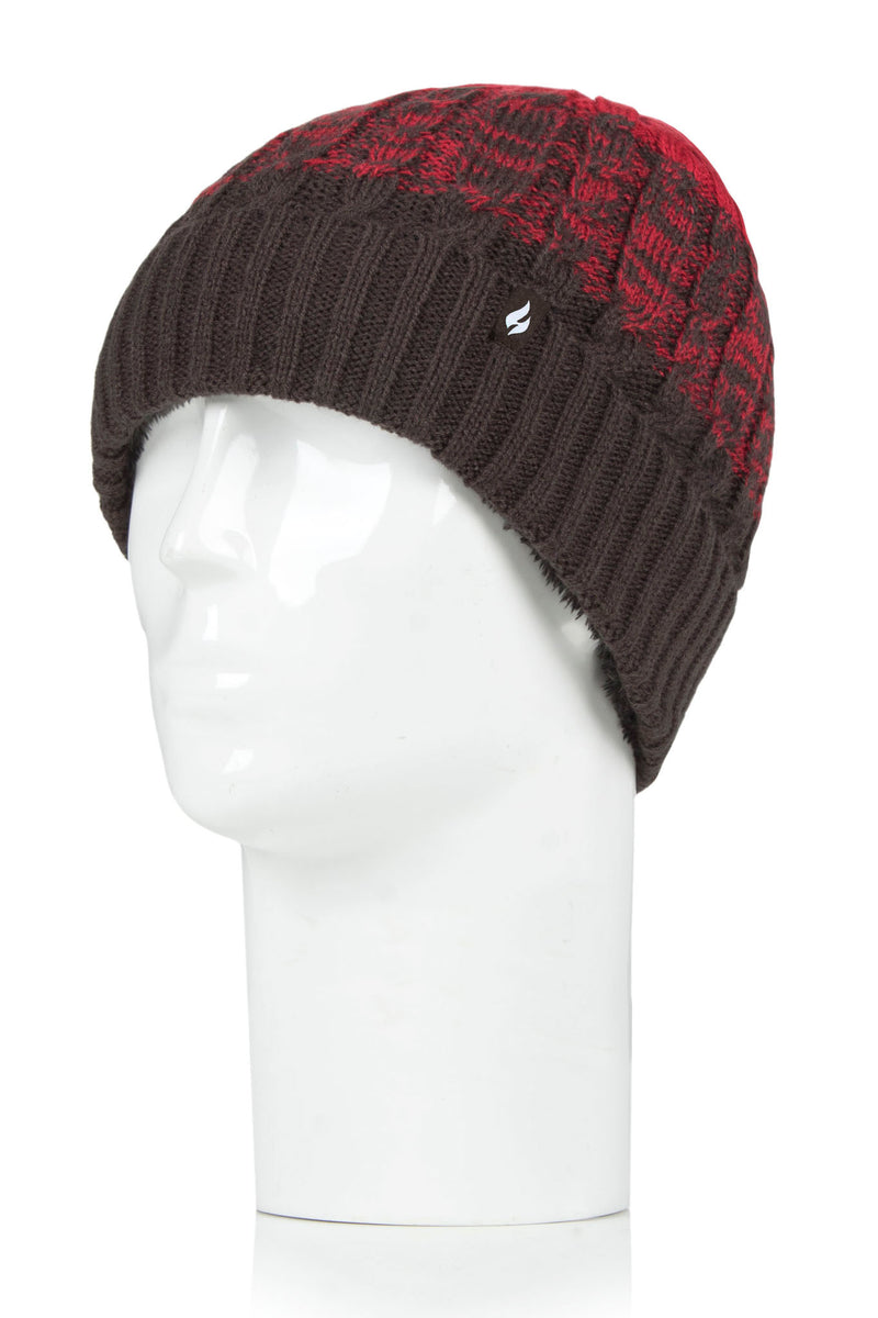 Heat Holders Mens Mavis Three-Tone Cable Knit Roll Up Hat Charcoal/Red - Head