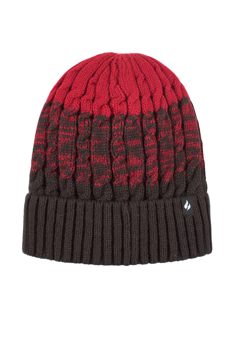 Heat Holders Mens Mavis Three-Tone Cable Knit Roll Up Hat Charcoal/Red - Flat