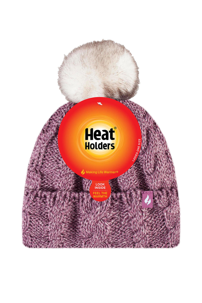 Heat Holders Women's Bridget Cable Knit Roll Up Thermal Pom-Pom Hat Rose - Packaging