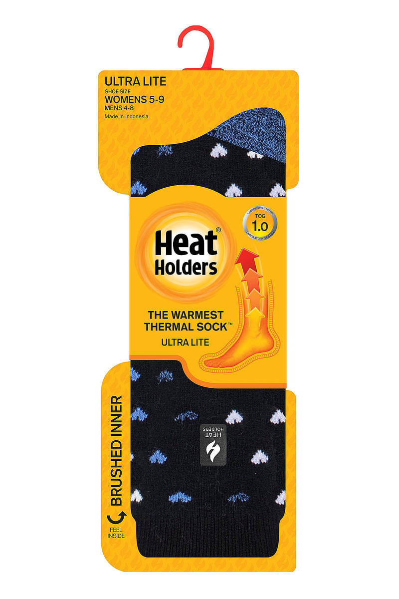 Heat Holders Women's Orchid Ultra Lite Hearts Thermal Crew Sock Black/Blue - Packaging