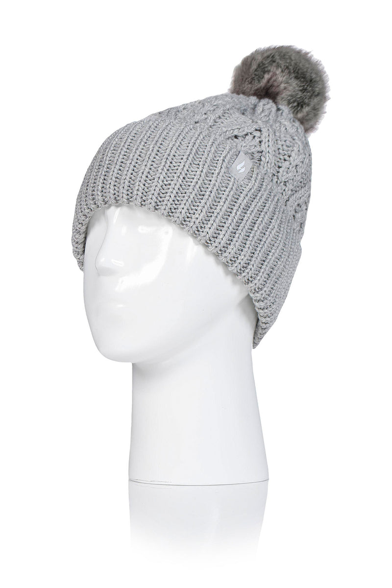 Heat Holders Women's Solna Cable Knit Roll Up Thermal Hat With Pom Pom Cloud Grey