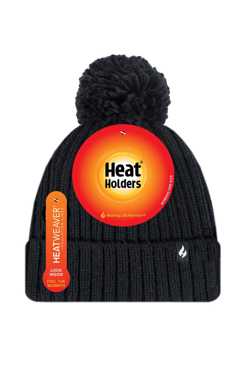 Heat Holders Women's Arden Knitted Thermal Hat With Pom-Pom Black - Packaging