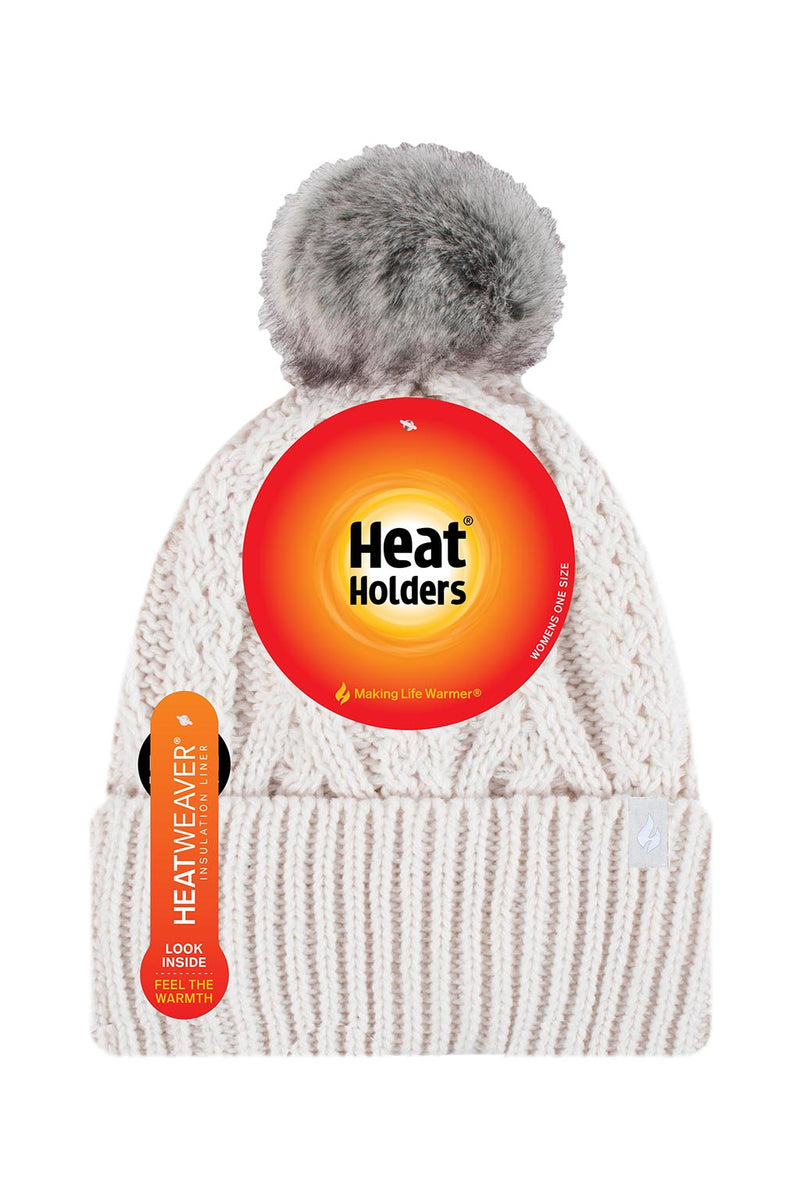 Heat Holders Women's Solna Cable Knit Roll Up Thermal Hat With Pom Pom Cream - Packaging