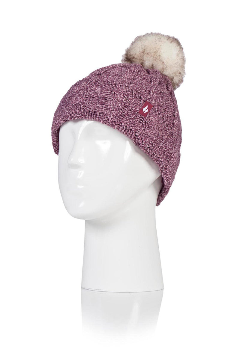 Heat Holders Women's Bridget Cable Knit Roll Up Thermal Pom-Pom Hat Rose