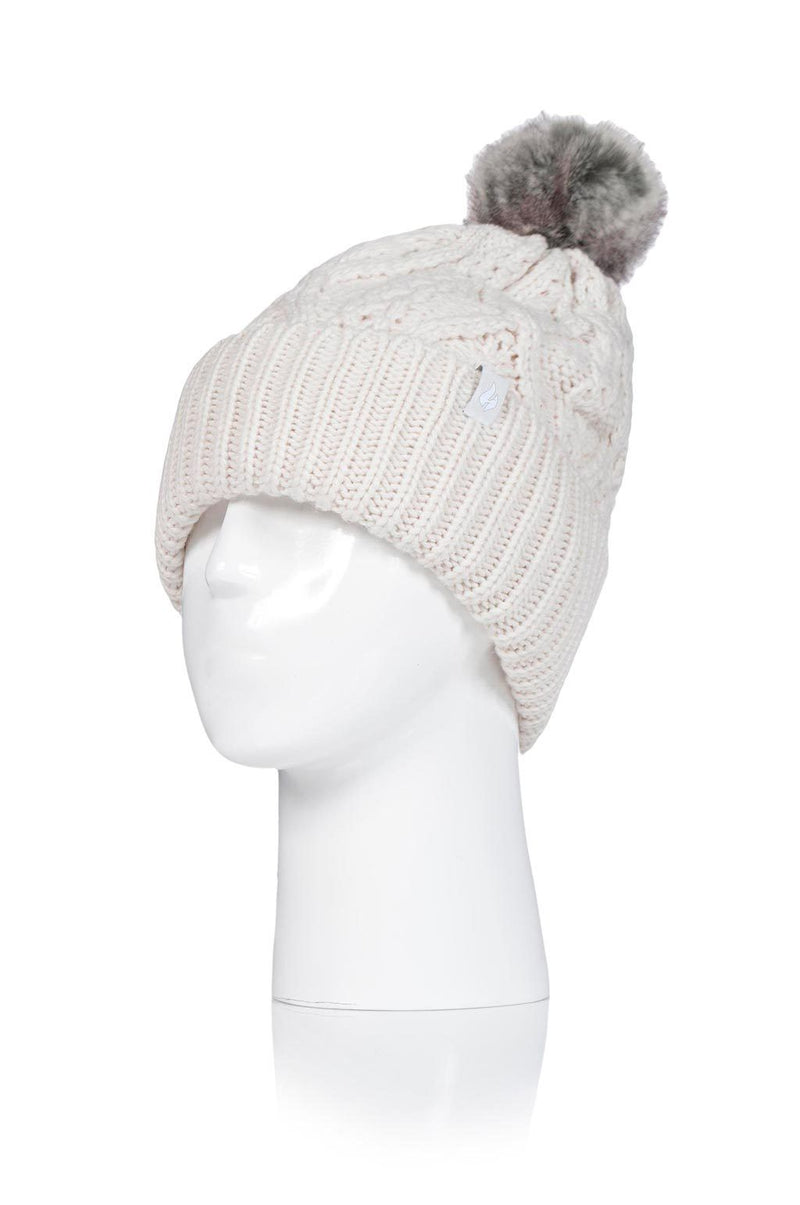 Heat Holders Women's Solna Cable Knit Roll Up Thermal Hat With Pom Pom Cream