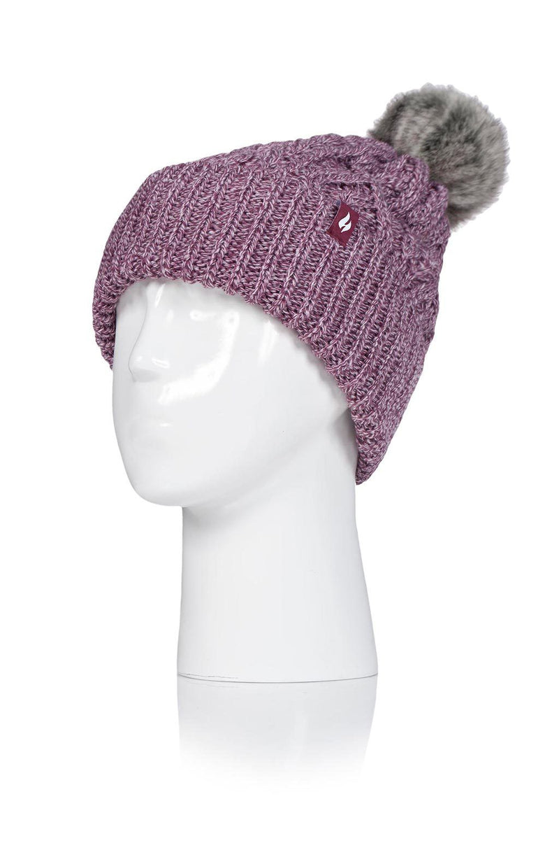 Heat Holders Women's Solna Cable Knit Roll Up Thermal Hat With Pom Pom Rose