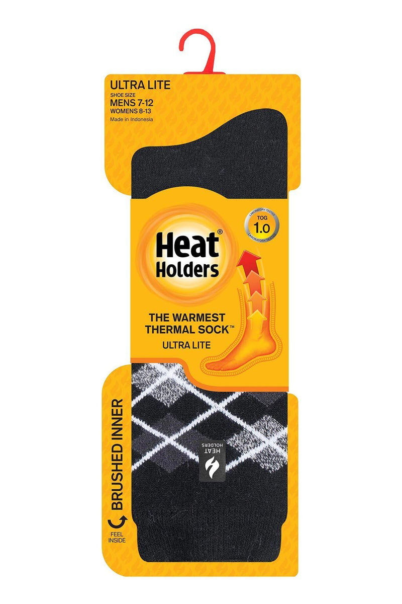 Heat Holders Men's Argyle ULTRA LITE Thermal Crew Sock Black - Packaging