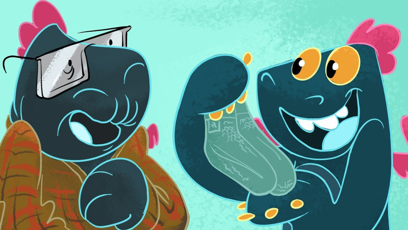 Toestie the Dragon presents socks to Grandpa Dragon. 