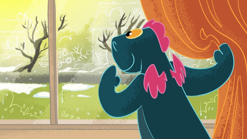 Toestie the Dragon looks out at an early spring morning. The sun is shining and there's still some snow on the ground.