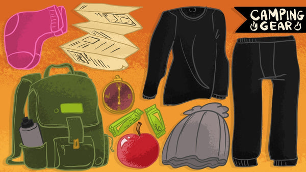 Illustration of various cold camping gear items including Heat Holders® thermal base layers and Heat Holders® socks