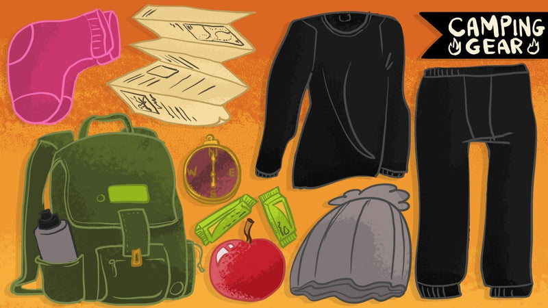 Illustration of various cold camping gear items including Heat Holders® thermal base layers and Heat Holders® socks