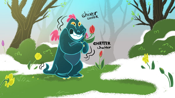 Toestie the Dragon shivers while picking flowers in spring. | Heat Holders® socks