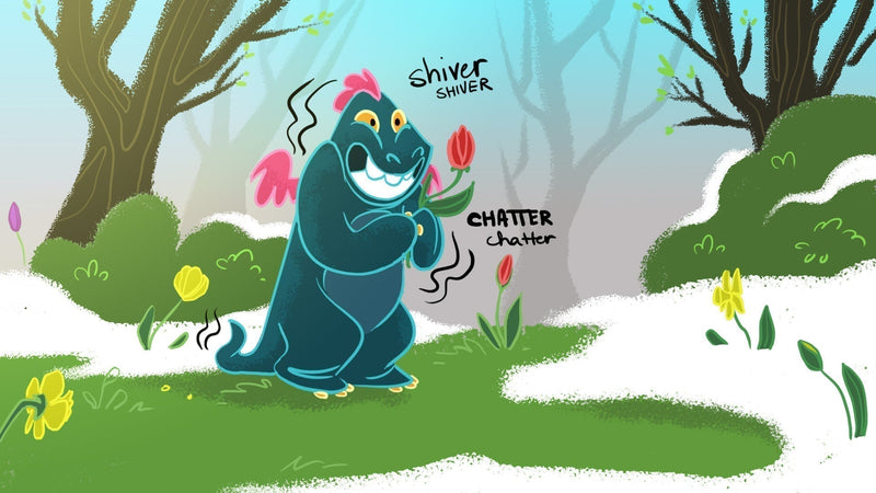 Toestie the Dragon shivers while picking flowers in spring. | Heat Holders® socks