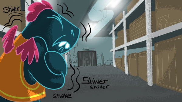 Toestie the Dragon shivers on the job in a cold warehouse. | Heat Holders®