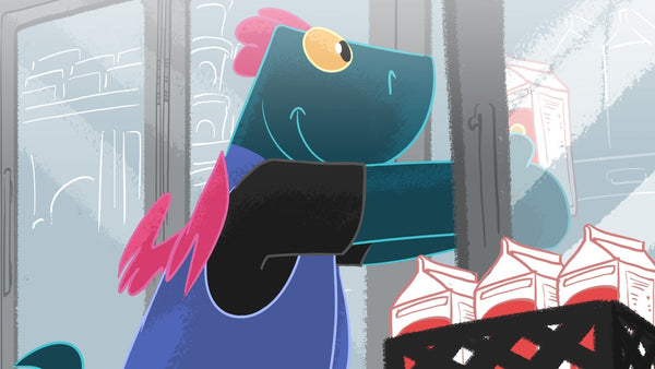 Toestie the Dragon loads milk into the fridge at a supermarket