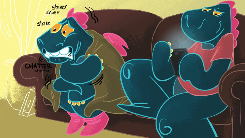 Lady dragon shivers on the couch while male dragon sits comfortably, holding his phone
