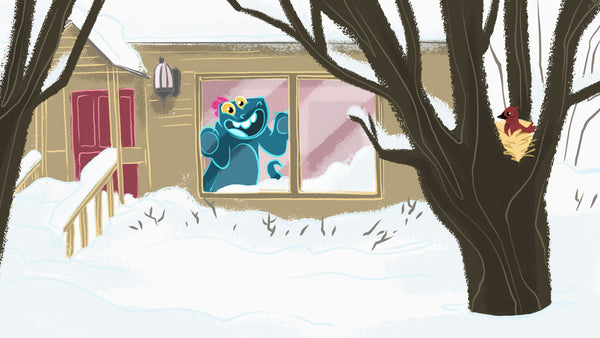 Toestie the Dragon looks out his front window at the beautiful scene with fresh snow