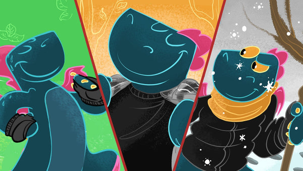 Toestie the Dragon in a three panelled image that shows Toestie walking in spring/summer, fall, and winter.