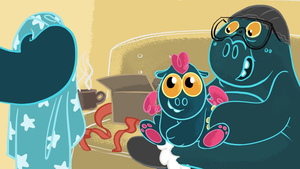 Grandma Dragon holds Baby Dragon while Grandpa Dragon presents Heat Holders® Baby Blanket