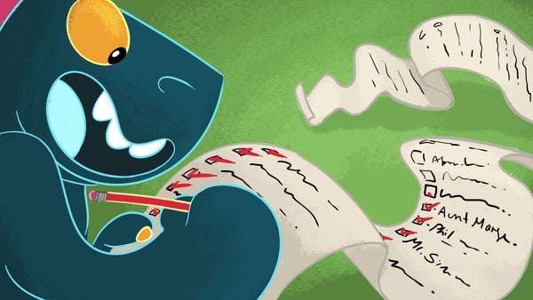 Toestie checking off gifts bought on a very, very long list.