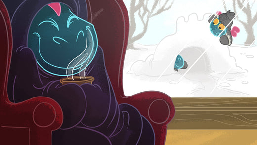 Toestie the Dragon snuggling in a Mega Hoodie and enjoying hot chocolate while nieces and nephews play outside. | Heat Holders® Warm Clothes for Kids