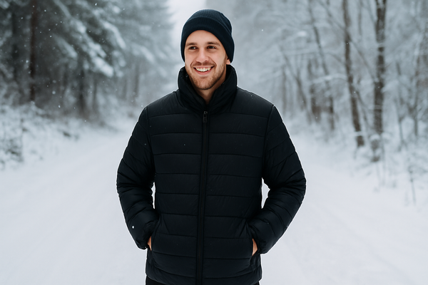 Man wearing a black puffer jacket and beanie, standing on a snowy trail.