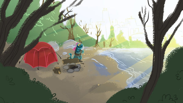 Toestie, the Heat Holders® mascot, peeking out of a camping tent into cool misty morning mountain air