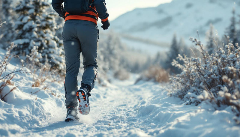 Man runs down snowy path in winter