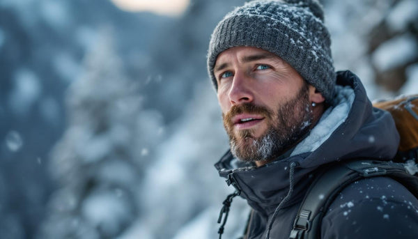 Close-up of a man hiking in snowy weather conditions.