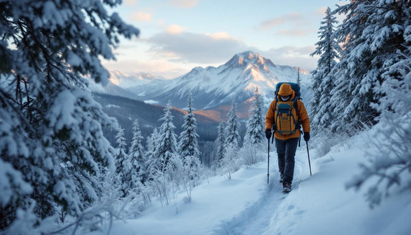 A man hikes a trail in winter. | Heat Holders®