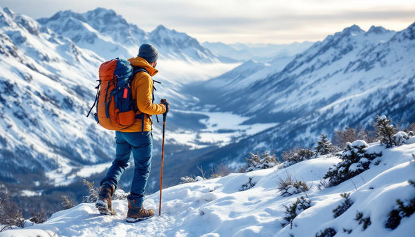 Hiker looking out over a snowy mountain range