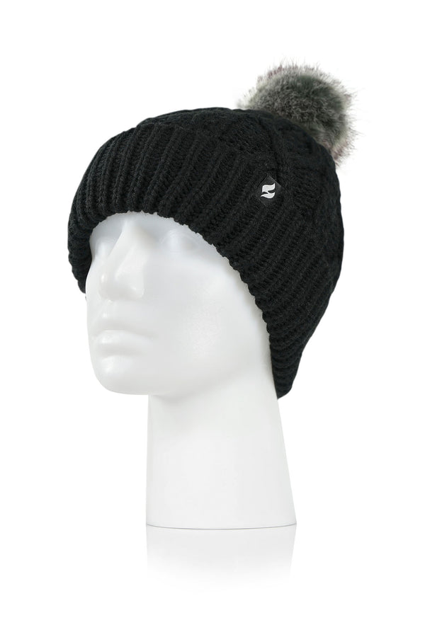Heat Holders Women's Brina Solid Cable Knit Roll Up Thermal Hat with Pom-Pom Black #color_black