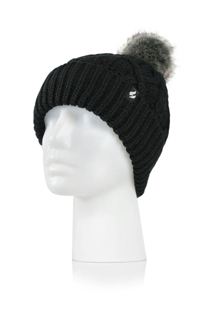 Heat Holders Women's Brina Solid Cable Knit Roll Up Thermal Hat with Pom-Pom Black