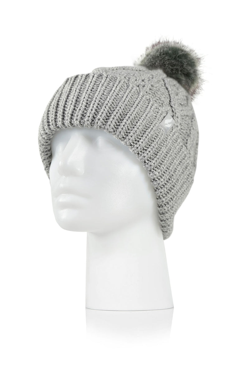 Heat Holders Women's Brina Solid Cable Knit Roll Up Thermal Hat with Pom-Pom Cloud Grey