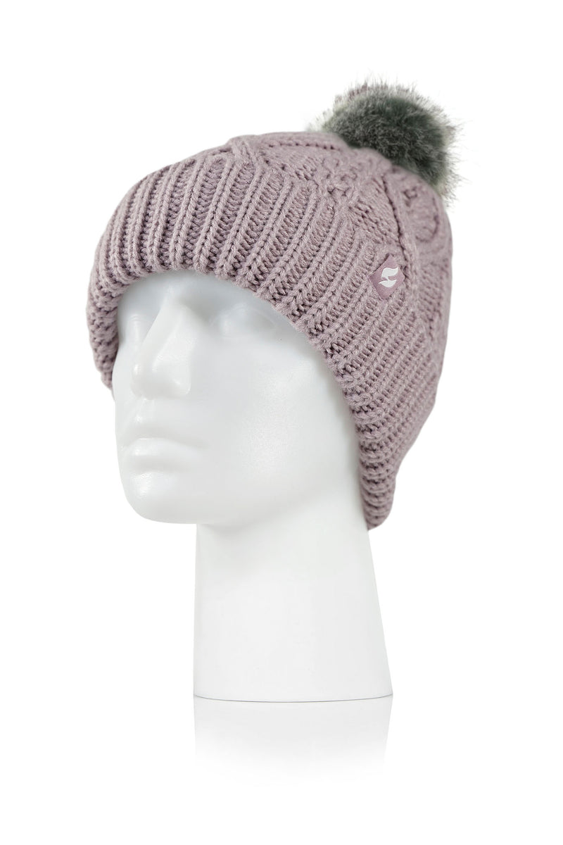 Heat Holders Women's Brina Solid Cable Knit Roll Up Thermal Hat with Pom-Pom Lilac