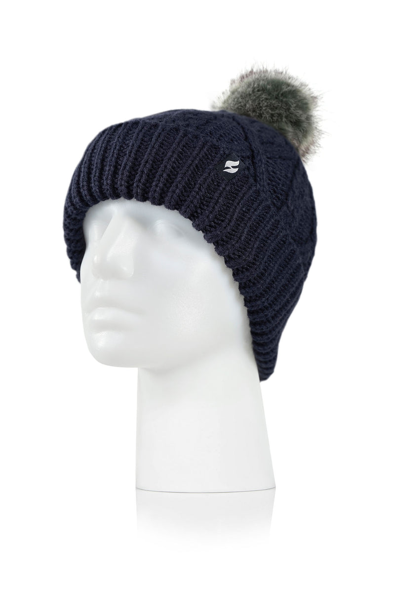 Heat Holders Women's Brina Solid Cable Knit Roll Up Thermal Hat with Pom-Pom Navy