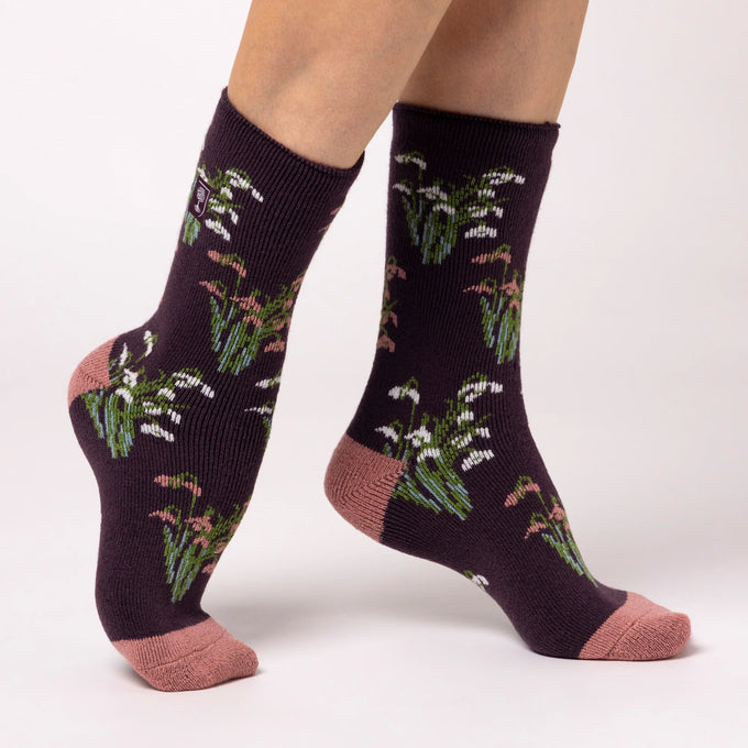 Heat Holders Women's Lite RHS Snowdrops Crew Sock Mulberry 