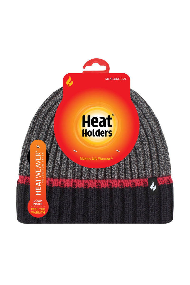 Heat Holders Mens Mark Rib Knit Chunky Twist Hat Black/Red - Packaging