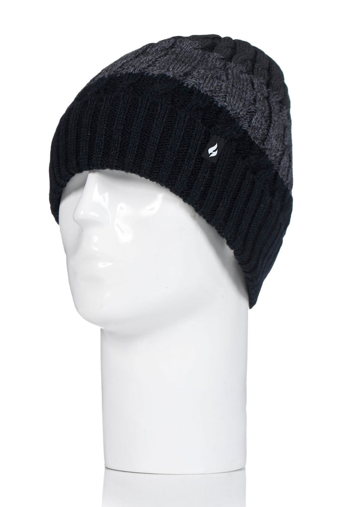 Heat Holders Mens Mavis Three-Tone Cable Knit Roll Up Hat Black/Charcoal - Head #color_black/charcoal