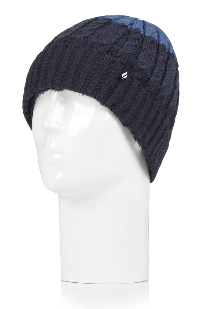 Heat Holders Mens Mavis Three-Tone Cable Knit Roll Up Hat Navy/Denim - Head #color_navy/denim