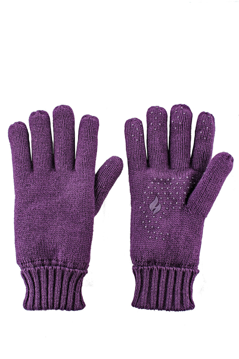 Heat Holders Women's Beth Flat Knit Silicone Grip Thermal Gloves Purple - Pair