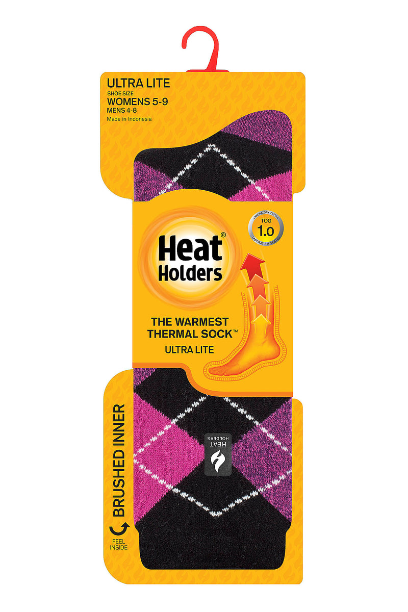 Heat Holders Women's Delilah Ultra Lite Argyle Thermal Crew Sock Black/Pink - Package