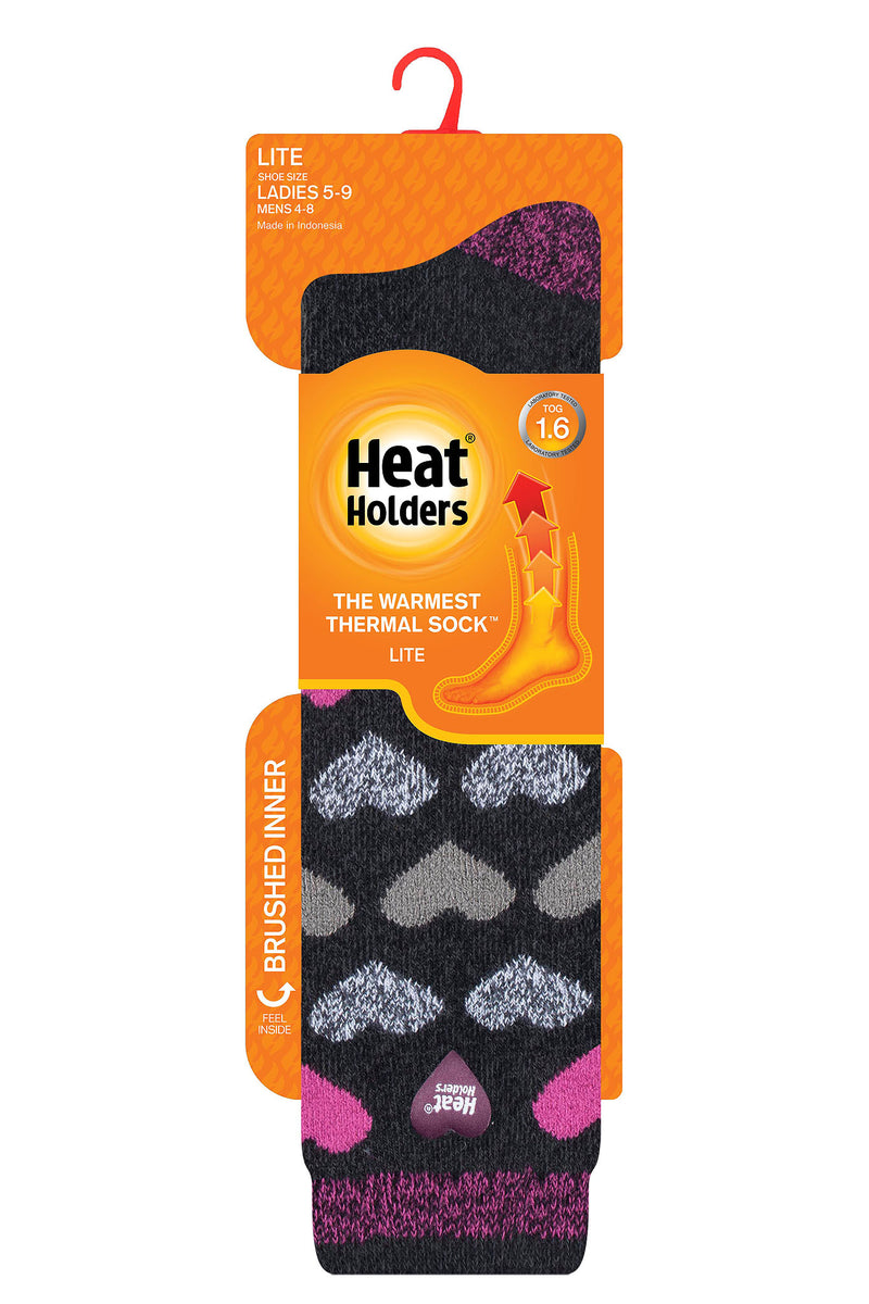 Heat Holders Women's Laura Lite Jacquard Hearts Thermal Long Sock Black/Charcoal - Packaging