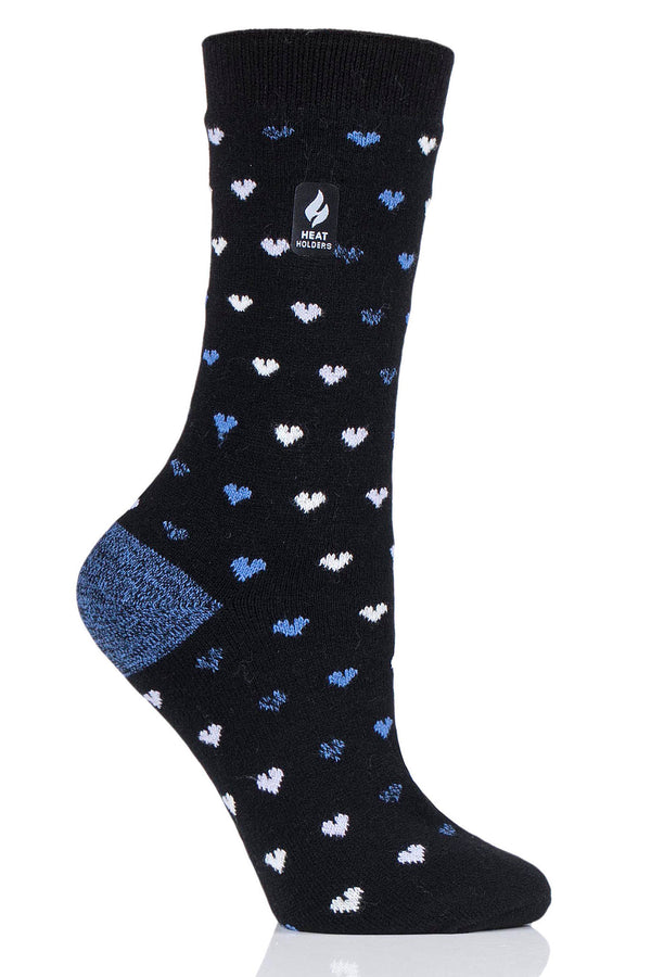 Heat Holders Women's Orchid Ultra Lite Hearts Thermal Crew Sock Black/Blue #color_black/blue