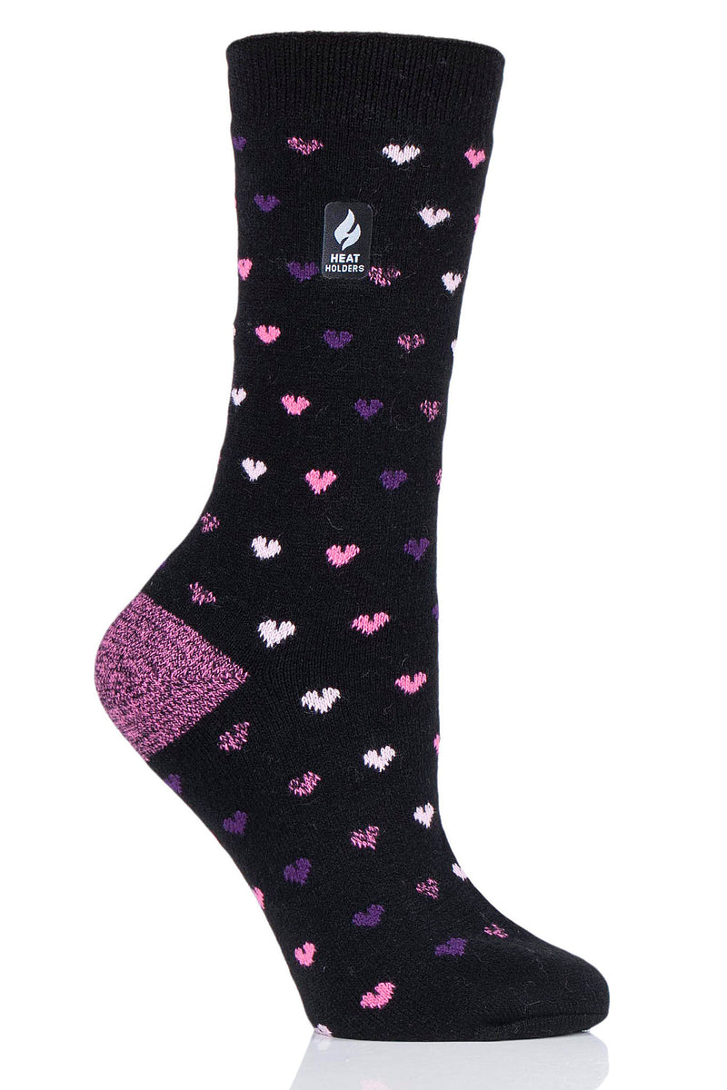 Heat Holders Women's Orchid Ultra Lite Hearts Thermal Crew Sock Black/Pink