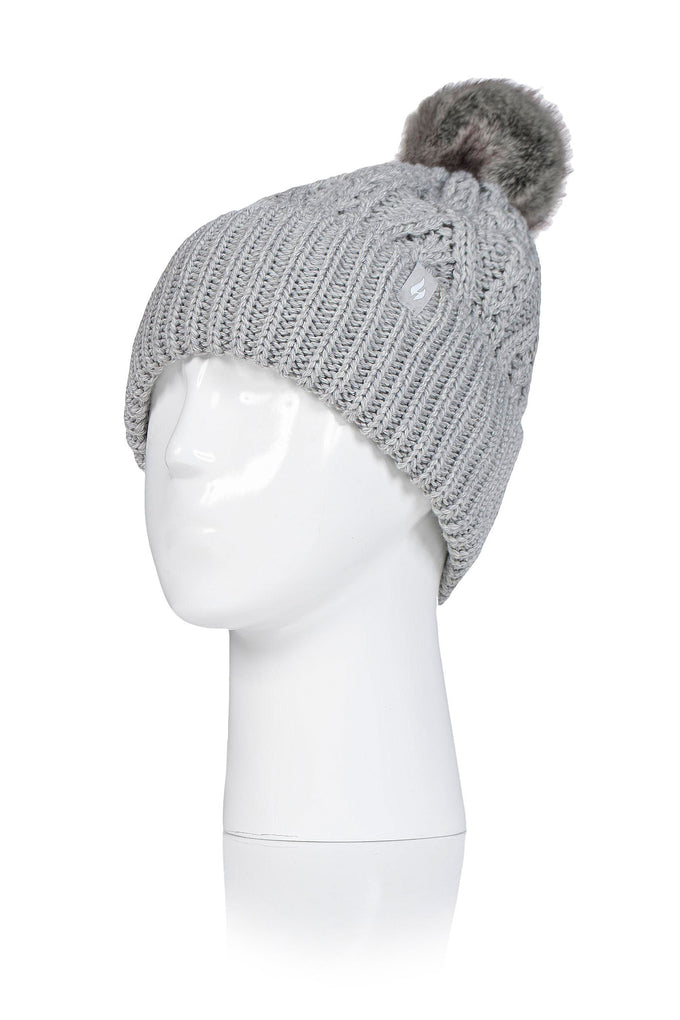 Heat Holders Women's Solna Cable Knit Roll Up Thermal Hat With Pom Pom Cloud Grey #color_cloud grey